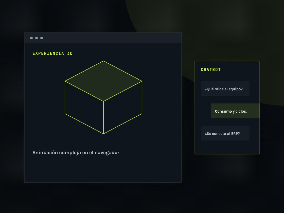 Escena tridimensional en el navegador junto a una conversación asistida